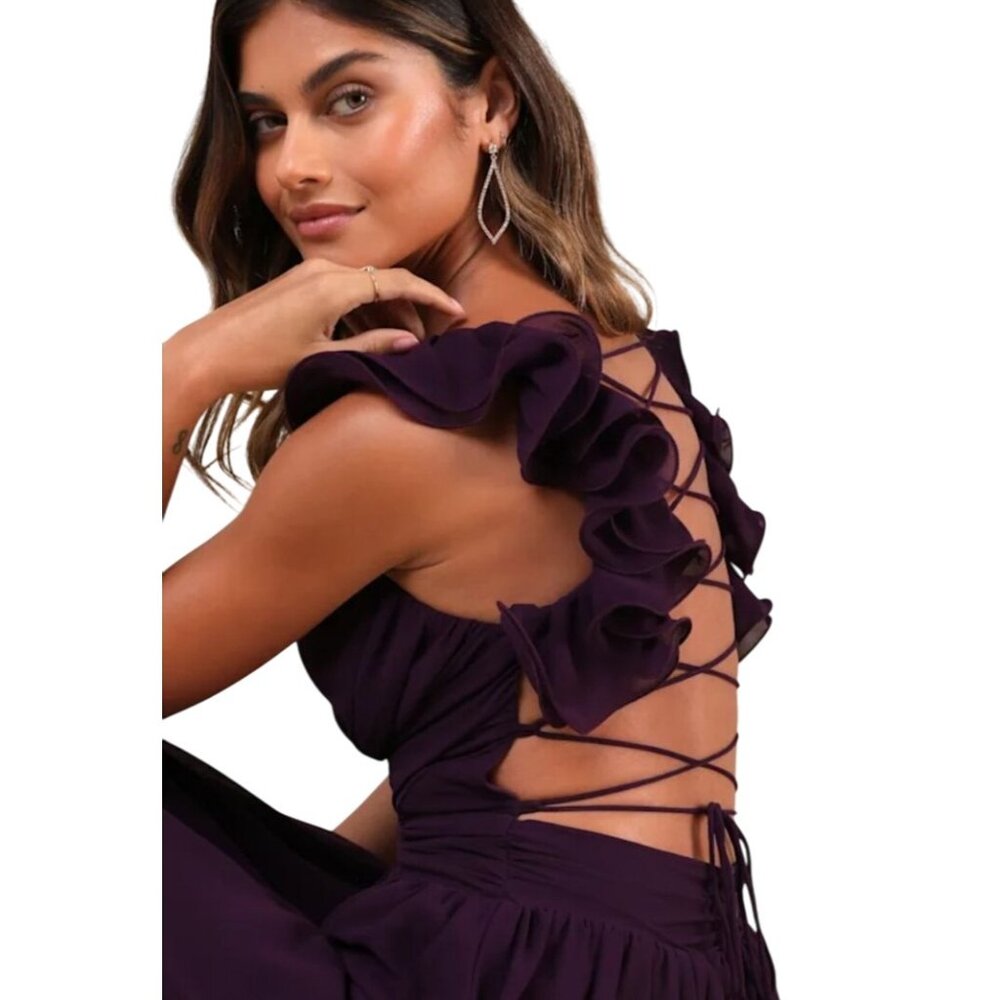 NEW Lulus Soiree Celebration Purple Ruffled Lace-Up Maxi Dress, Size XS - Picture 4 of 16